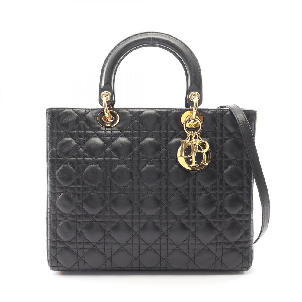 Christian Dior Lady Cannage Handbag Leather Black